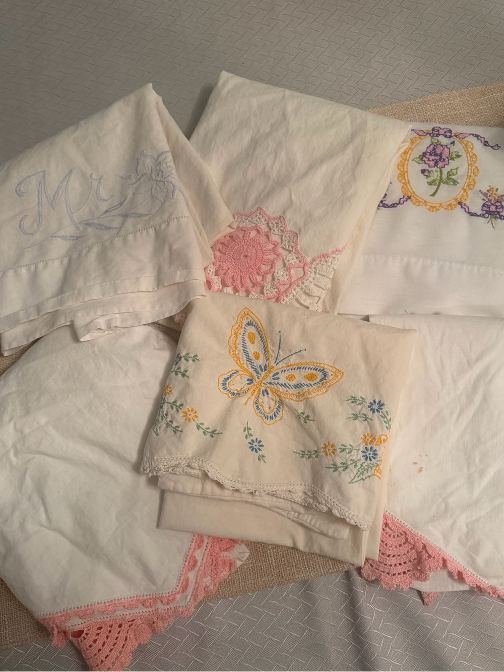 Vintage Cream Embroidered Butterfly, Flower, Pink Embroidered lace Pillow Cases